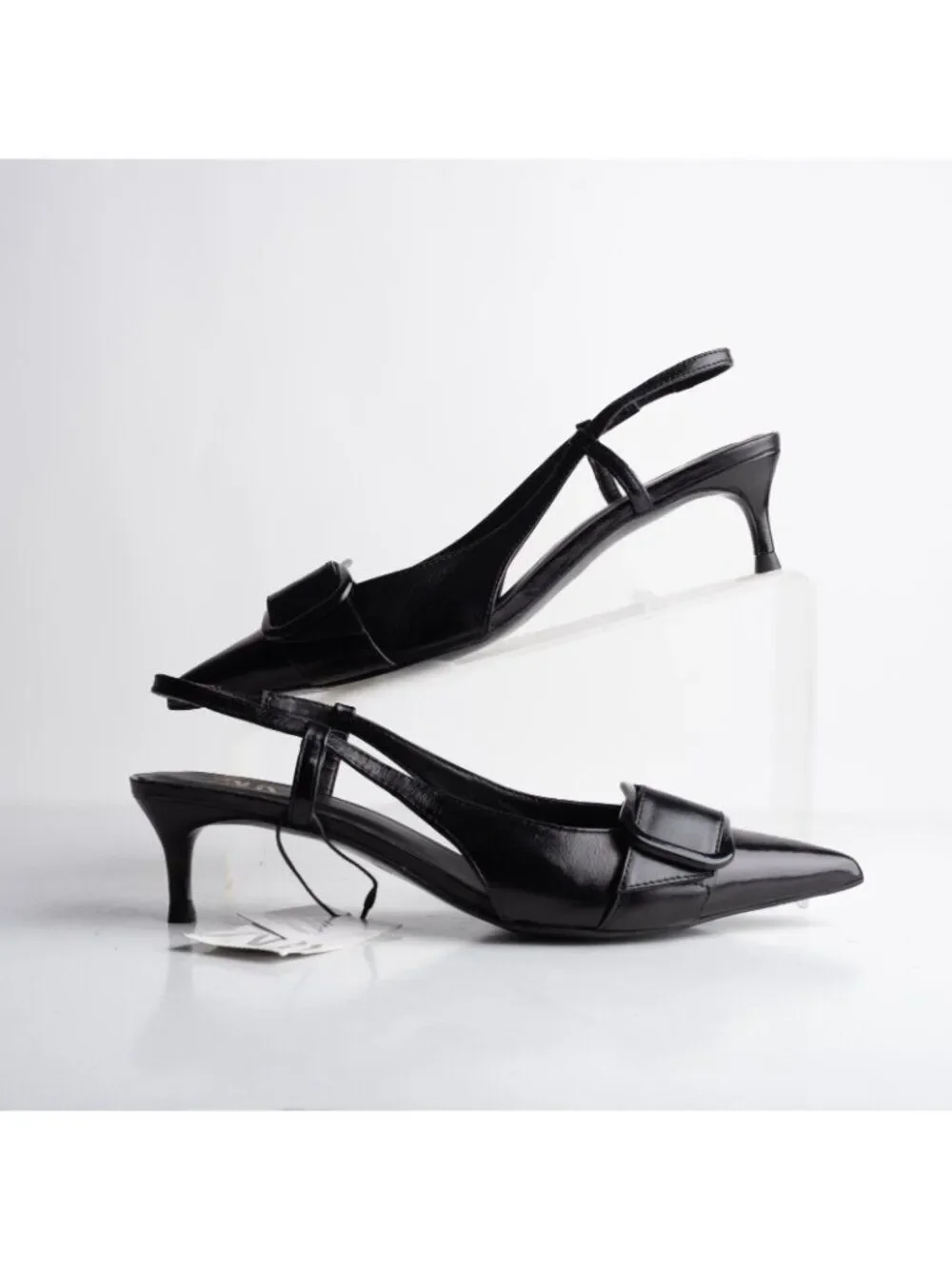 Zara Womens Leather Slingbacks Heels Pumps Black Pointed Toe US 7.5 EU 38 NWB